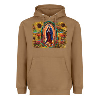 Toasted Coconut Sunflower Lady Of Guadalupe Distressed Background Heavyweight Hoodie - RanaPortraitStore