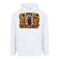White Sunflower Lady Of Guadalupe Distressed Background Heavyweight Hoodie - RanaPortraitStore