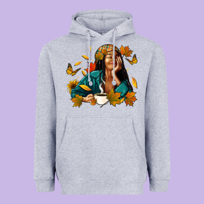 Heavyweight Hoodie Fall afro woman with coffee