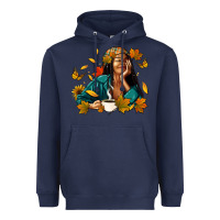 Navy Fall afro woman with coffee Heavyweight Hoodie - RanaPortraitStore