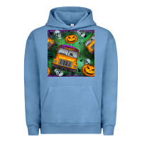 Pigment Pebble Blue halloween bus and pumpkin seamless pattern Urban Hoodie - BundleAndBundleShop