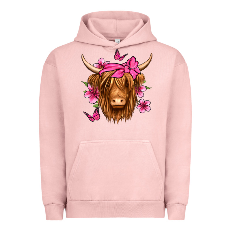 Floral Pink Bandana Longhaired Cow Urban Hoodie by Jasminsmagicworld | Teevron