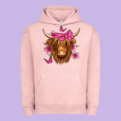 Floral Pink Bandana Longhaired Cow Urban Hoodie Designed By Jasminsmagicworld