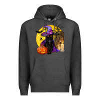 Charcoal Heather black witch cat coffin and moon Premium Hoodie - BundleAndBundleShop
