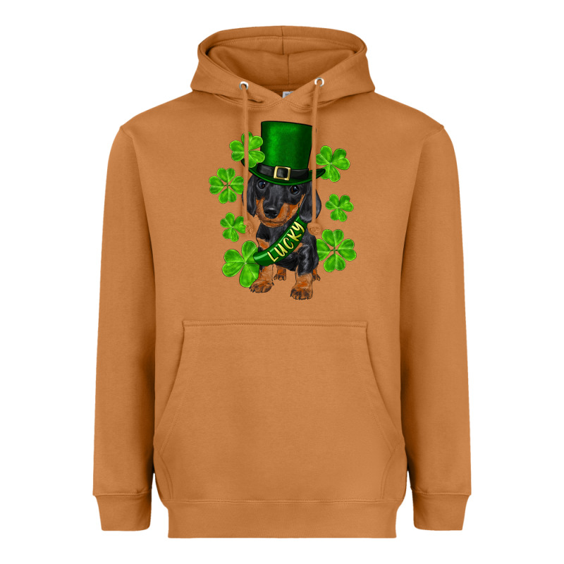 St. Patricks Day Lucky Dachshund Puppy Heavyweight Hoodie by RanaPortraitStore | Teevron