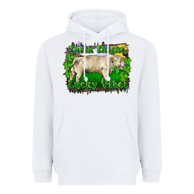 Thick Thighs Lucky Vibes Charolais Bull Heavyweight Hoodie by RanaPortraitStore | Teevron