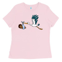 Bubblegum Pink stork with black baby boy Ladies Tee - BarkalooDesign