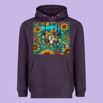 Heavyweight Hoodie bull skull sunflowers