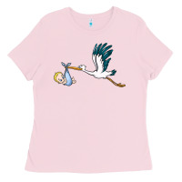 Bubblegum Pink stork with baby boy Ladies Tee - BarkalooDesign
