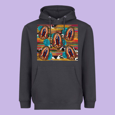 Heavyweight Hoodie serape gemstone glitter cowhide lady of guadalupe