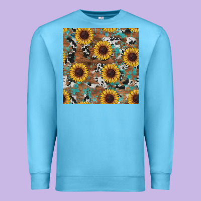 Western Sunflowers Turquoise Cowhide Seamless Background Premium Sweatshirt Designed By Ranaportraitstore