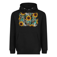 Black western sunflowers turquoise cowhide background Heavyweight Hoodie - RanaPortraitStore