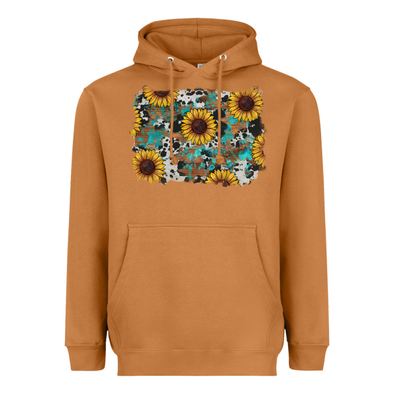 Western Sunflowers Turquoise Cowhide Background Heavyweight Hoodie by RanaPortraitStore | Teevron