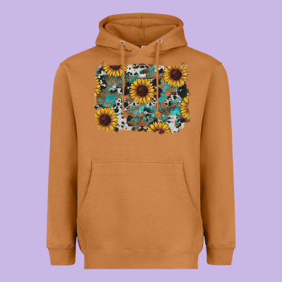 Heavyweight Hoodie western sunflowers turquoise cowhide background