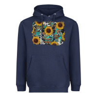 Navy western sunflowers turquoise cowhide background Heavyweight Hoodie - RanaPortraitStore