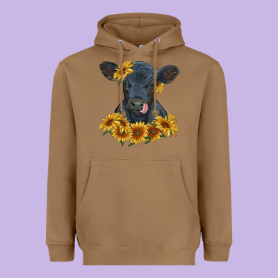 Heavyweight Hoodie black angus calf with sunflowers