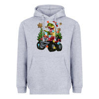 Heather Grey Christmas T-rex With Monster Truck Heavyweight Hoodie - MaliasSmallBusiness