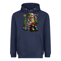 Navy Christmas T-rex With Monster Truck Heavyweight Hoodie - MaliasSmallBusiness