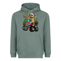 Sage Christmas T-rex With Monster Truck Heavyweight Hoodie - MaliasSmallBusiness