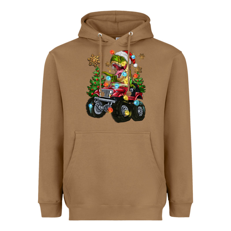 Christmas T-rex With Monster Truck Heavyweight Hoodie by MaliasSmallBusiness | Teevron