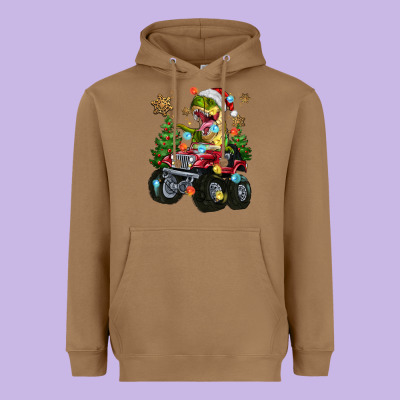 Heavyweight Hoodie Christmas T-rex With Monster Truck