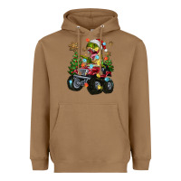 Toasted Coconut Christmas T-rex With Monster Truck Heavyweight Hoodie - MaliasSmallBusiness