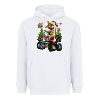 White Christmas T-rex With Monster Truck Heavyweight Hoodie - MaliasSmallBusiness