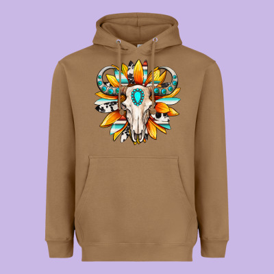 Heavyweight Hoodie Western bull skull sunflower