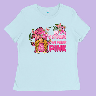 In October We Wear Pink Gnome Ladies Tee Designed By Barkaloodesign