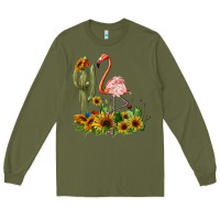 Army Green flamingo with cactus and sunflowers Long Sleeve Tee - BarkalooDesign
