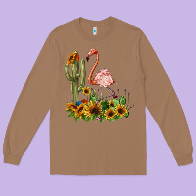 Flamingo With Cactus And Sunflowers Long Sleeve Tee Designed By Barkaloodesign