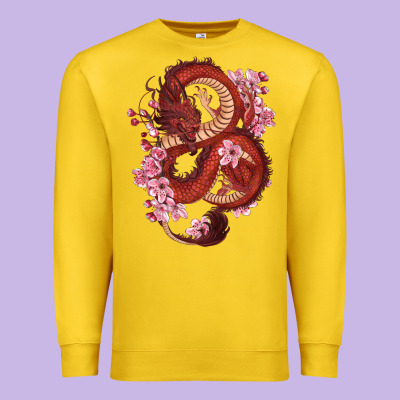 Premium Sweatshirt red dragon and sakura cherry blossoms
