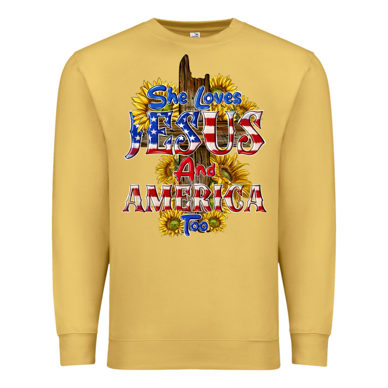 She Loves Jesus Premium Sweatshirt by texasbilliewilder | Teevron