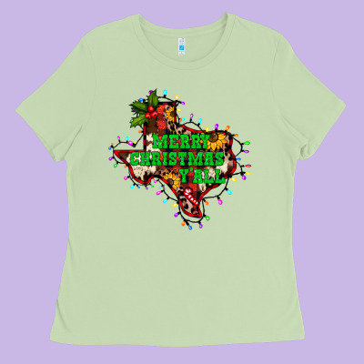 Merry Christmas Y'all Texas Map Ladies Tee Designed By Barkaloodesign