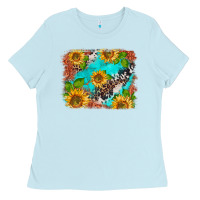 Baby Blue western sunflowers turquoise cowhide  tooled leather Ladies Tee - BarkalooDesign