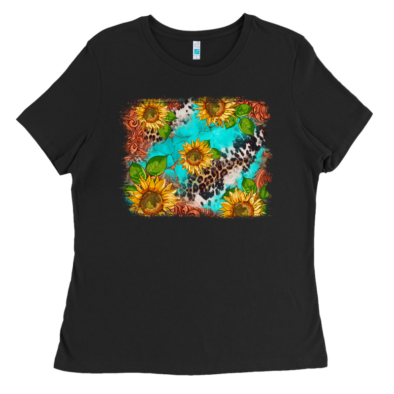 Western Sunflowers Turquoise Cowhide  Tooled Leather Ladies Tee by BarkalooDesign | Teevron