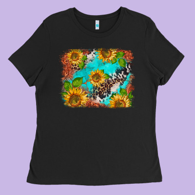Western Sunflowers Turquoise Cowhide  Tooled Leather Ladies Tee Designed By Barkaloodesign