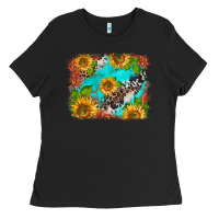 Black western sunflowers turquoise cowhide  tooled leather Ladies Tee - BarkalooDesign