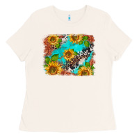 Bone western sunflowers turquoise cowhide  tooled leather Ladies Tee - BarkalooDesign