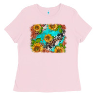 Bubblegum Pink western sunflowers turquoise cowhide  tooled leather Ladies Tee - BarkalooDesign