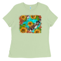 Matcha western sunflowers turquoise cowhide  tooled leather Ladies Tee - BarkalooDesign