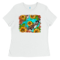 White western sunflowers turquoise cowhide  tooled leather Ladies Tee - BarkalooDesign