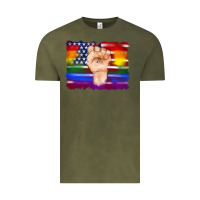 Vintage Olive lgbtq flag and american flag with hand Vintage Tee - Artiststas