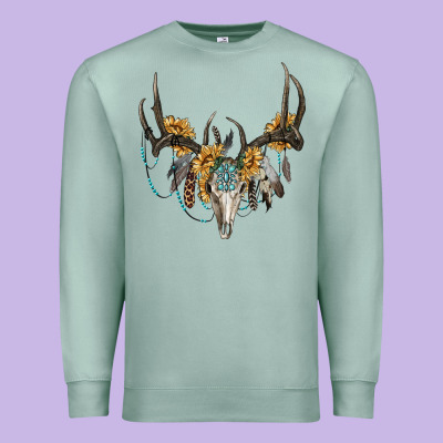 Premium Sweatshirt Boho Deer Skull Sunflowers And Gemstone