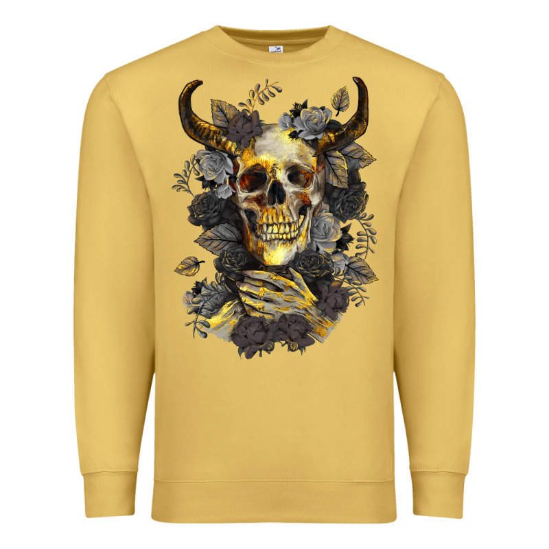Bull Human Skull With Gold Roses Premium Sweatshirt by RanaPortraitStore | Teevron