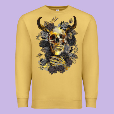Premium Sweatshirt Bull Human Skull With Gold Roses