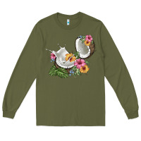 Army Green coconut with tropical leavers and flowers Long Sleeve Tee - BarkalooDesign