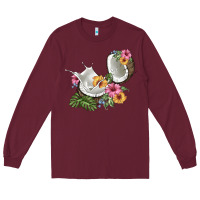Burgundy coconut with tropical leavers and flowers Long Sleeve Tee - BarkalooDesign