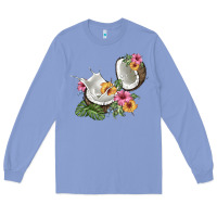 Colony Blue coconut with tropical leavers and flowers Long Sleeve Tee - BarkalooDesign