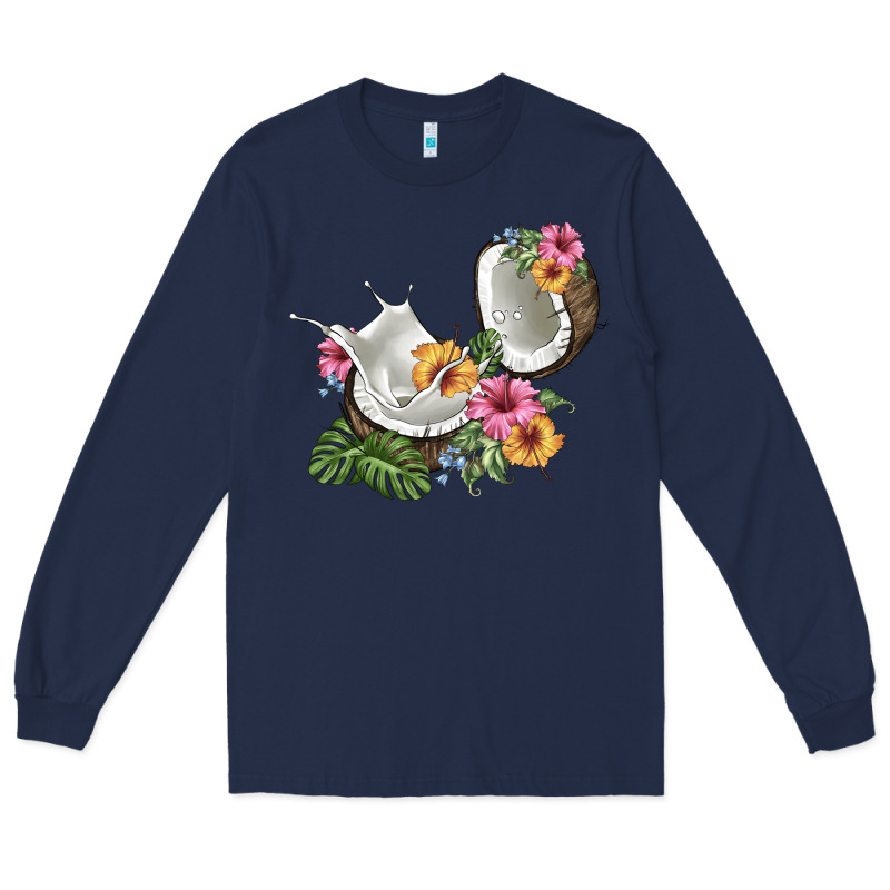 Coconut With Tropical Leavers And Flowers Long Sleeve Tee by BarkalooDesign | Teevron